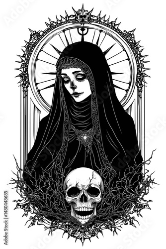Gothic Art of a Veiled Lady with Skulls