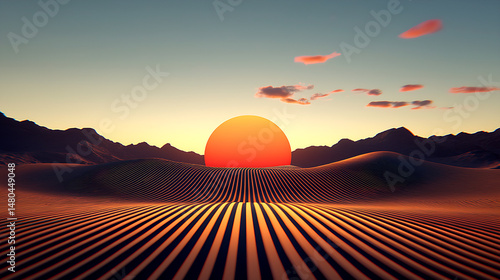 Wallpaper Mural Sunset Over Geometric Desert Landscape with Orange Sun Torontodigital.ca