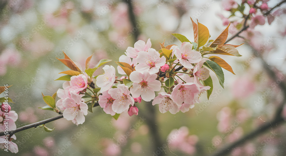 Obraz premium Close-up photo of blooming cherry blossoms in soft lighting, perfect for spring themes, nature visuals, floral backgrounds, romantic designs, and seasonal promotional content