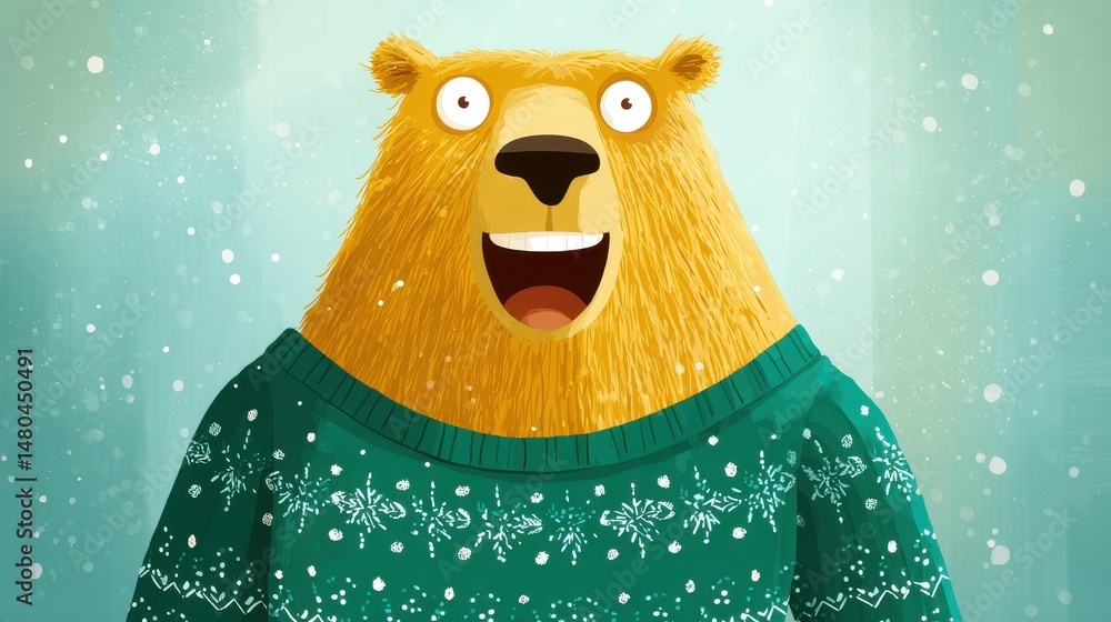Fototapeta premium Happy Brown Bear in Teal Sweater Winter Snow Scene