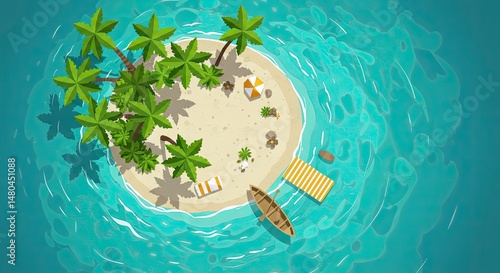 Tropical Island Paradise with Palm Trees and Boat – Aerial View

