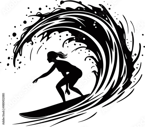 female surfer silhouette in wave vector