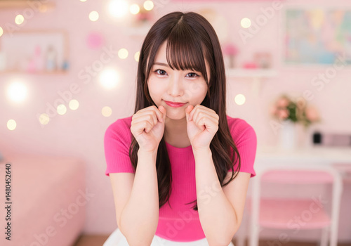 ピンク色の部屋でキュートなポーズを決める日本人女性のポートレート