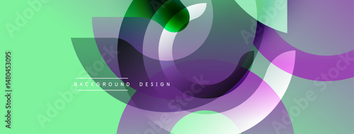 Abstract floral design. Overlapping shapes create dynamic composition. Mint green background complements purple, teal hues. Modern aesthetic.