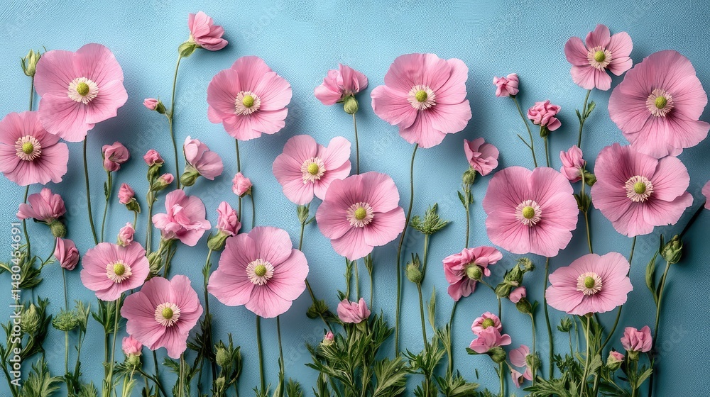 Pink flowers arranged on blue background, flatlay Pink flowers arranged on blue background, flatlay