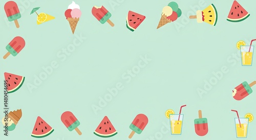Summer Food and Drink Border with Ice Cream, Watermelon, and Juice – Blank Background Template