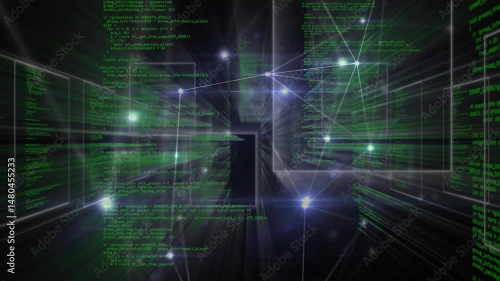 Central code panels moving through 3D cyberspace grid, with glowing nodes and linking lines Central code panels moving through 3D cyberspace grid, with glowing nodes and linking lines
