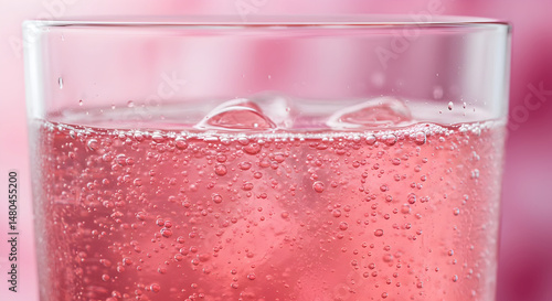Refreshing Pink Lemonade Close Up With Bubbles And Ice Cubes For Summer