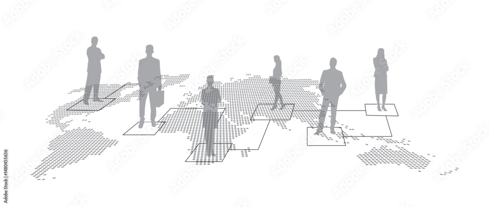 Obraz premium Blurred Business People Silhouettes on World Map, Abstract Corporate Concept - VECTOR 