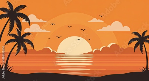 Tropical Sunset Beach with Palm Trees and Ocean View – Summer Vibes Illustration