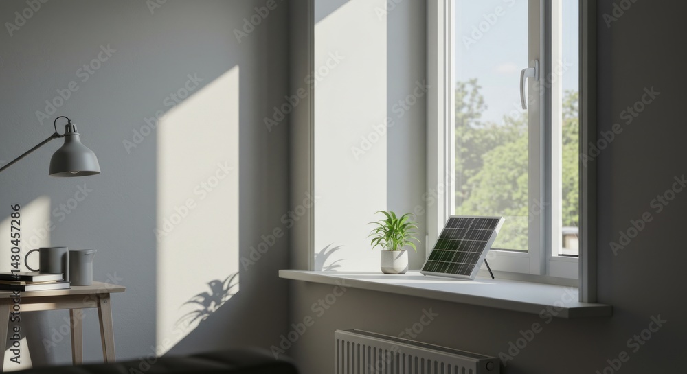 Fototapeta premium Interior with solar panel and plant, photo