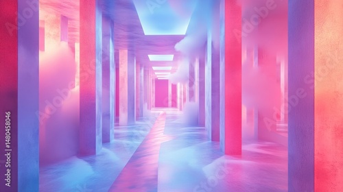 Hallway with columns and clouds in a surreal  dreamlike setting  illuminated by neon lights. Architectural interior with a vaporous atmosphere and a sense of mystery and fantasy.