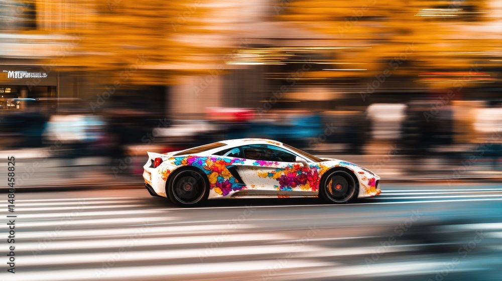 Fast, colorful car on city street Fast, colorful car on city street