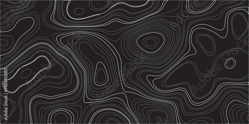"Design a seamless dark-themed abstract background featuring topographic contour lines. Use flowing, organic shapes with varying line thickness in shades of gray on a black backdrop to create a sense 