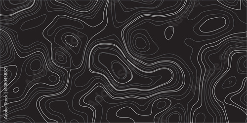 "Design a seamless dark-themed abstract background featuring topographic contour lines. Use flowing, organic shapes with varying line thickness in shades of gray on a black backdrop to create a sense 