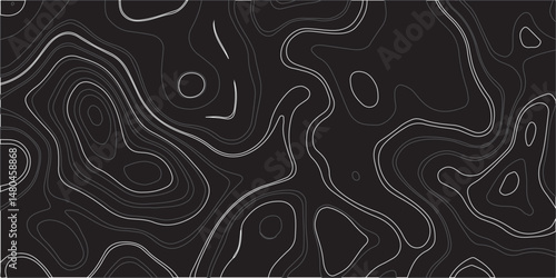 "Design a seamless dark-themed abstract background featuring topographic contour lines. Use flowing, organic shapes with varying line thickness in shades of gray on a black backdrop to create a sense 