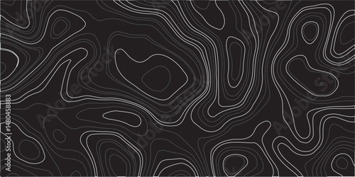 "Design a seamless dark-themed abstract background featuring topographic contour lines. Use flowing, organic shapes with varying line thickness in shades of gray on a black backdrop to create a sense 