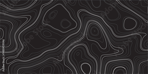 "Design a seamless dark-themed abstract background featuring topographic contour lines. Use flowing, organic shapes with varying line thickness in shades of gray on a black backdrop to create a sense 
