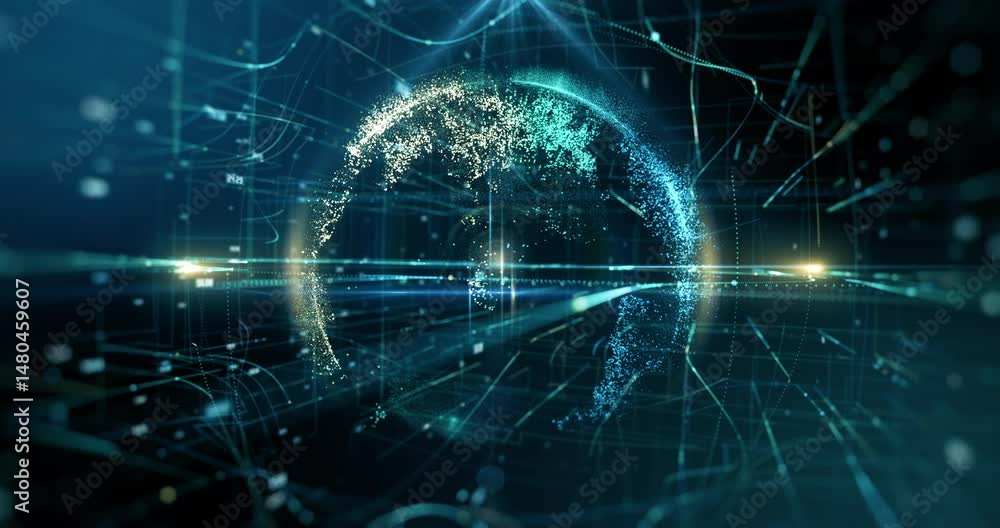 Luminous earth with particles and lines moving around it on blue. Connection and technology concept. Luminous earth with particles and lines moving around it on blue. Connection and technology concept.
