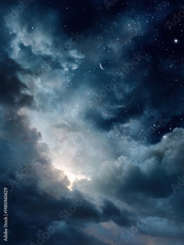 Dramatic night sky with stars and clouds low angle view depicting celestial beauty and cosmic wonder in atmospheric perspective