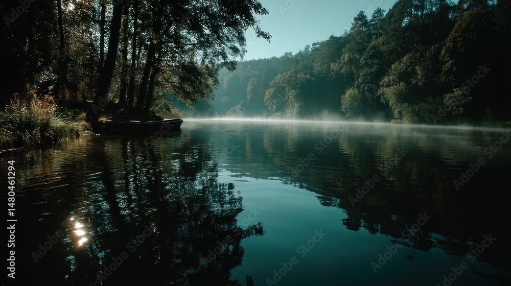 Fototapeta premium Tranquil river landscape with fog and reflections