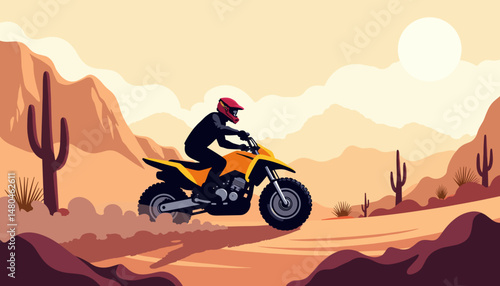 Motorcyclist riding yellow dirt bike through desert landscape  