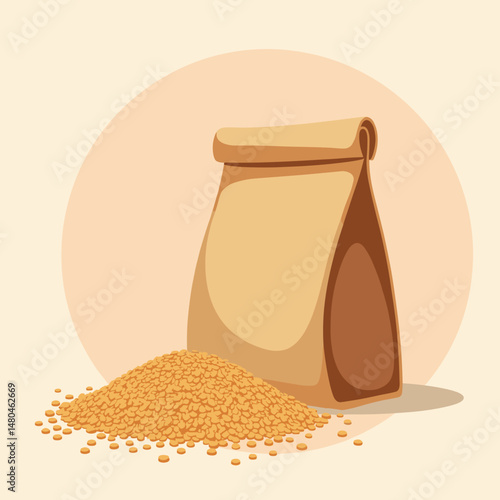 Brown paper bag with bran cereal and spilled grains on surface  