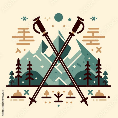 Nordic walking poles crossed in front of mountains and pine trees  