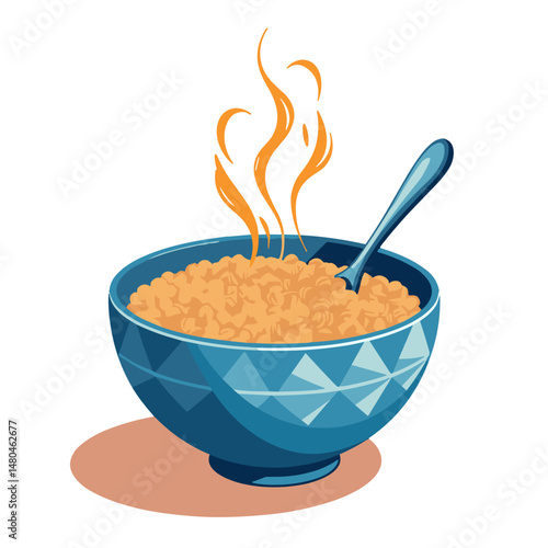 Hot bowl of bran cereal with steam and spoon in blue dish  