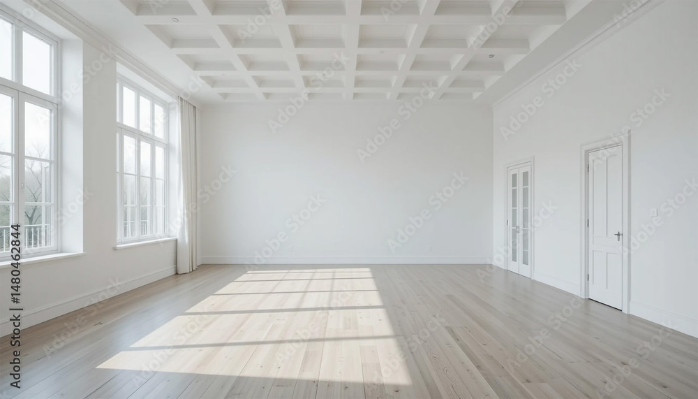 Fototapeta premium Bright Empty Room Hardwood Floor White Walls Coffered Ceiling Large Windows Sunlit In