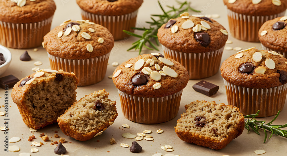 Delicious Chocolate Oat Muffins Baked To Golden Perfection On Beige Surface Delicious Chocolate Oat Muffins Baked To Golden Perfection On Beige Surface