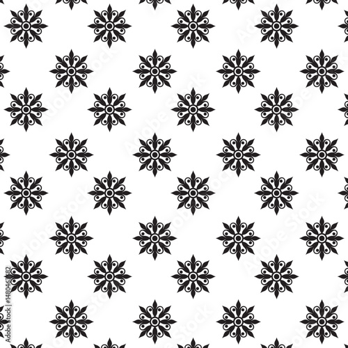 Seamless Black And White Floral Pattern | Geometric Elements | Hand Drawn Doodle Flowers Background | Monochrome abstract floral background | Vector simple flat graphic illustration