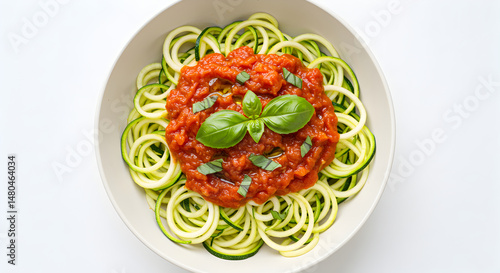 Zucchini Noodles Topped With Tomato Sauce And Fresh Basil Leaves In Bowl