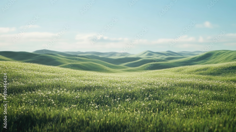 Rolling Hills of Green Meadow with Blooming Flowers Rolling Hills of Green Meadow with Blooming Flowers