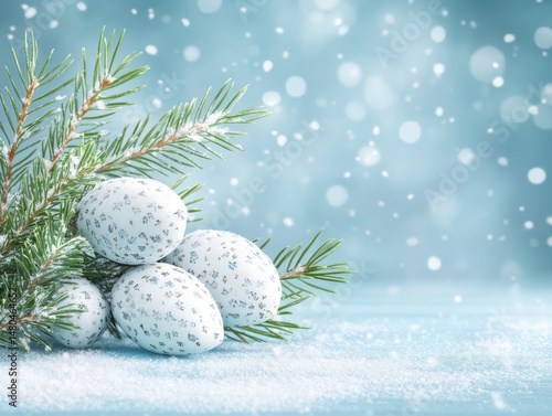 Wintertime Still Life of Decorated Eggs with Pine Branch and Snowfall on Blue Background Festive Holiday Scene
