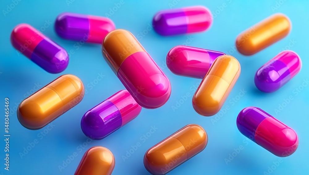 3D rendering of colorful pills on a blue background. Bright, multicolored pink, orange, and purple 3D rendering of colorful pills on a blue background. Bright, multicolored pink, orange, and purple