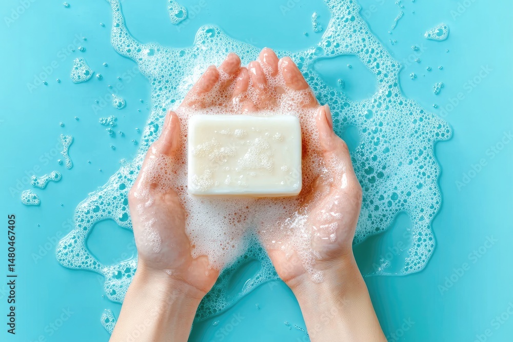 Hands holding a bar of soap in sudsy water.  A light colored bar of soap is held by two hands, surrounded by a generous amount of bubbly water