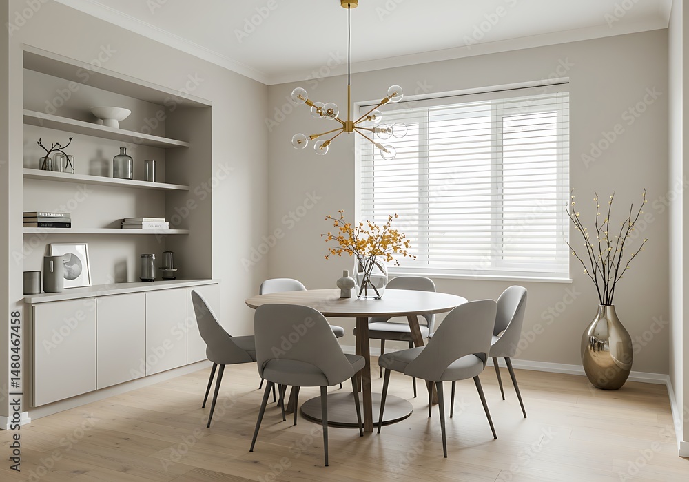 Contemporary dining room with round table, chairs, and modern chandelier Contemporary dining room with round table, chairs, and modern chandelier