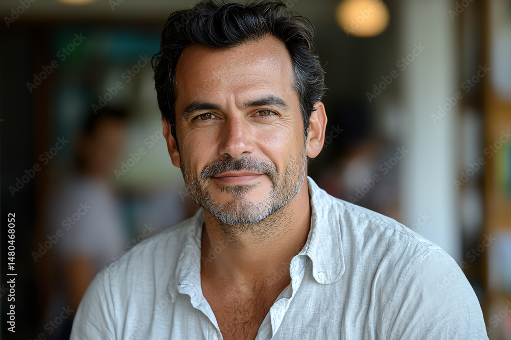 A confident man smiles warmly, showcasing a friendly demeanor in a relaxed setting, ideal for lifestyle or portrait-themed projects. A confident man smiles warmly, showcasing a friendly demeanor in a relaxed setting, ideal for lifestyle or portrait-themed projects.