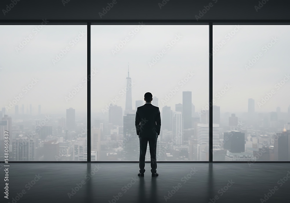 Businessman stands looking out a large office window at the city skyline Businessman stands looking out a large office window at the city skyline