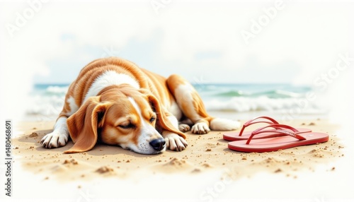 a subtle watercolor close up of a sleepy dog beside beach flip flops, in a refined watercolor style, with sun bleached orange and faded blue colors, on textured paper, fine washes, soft lines