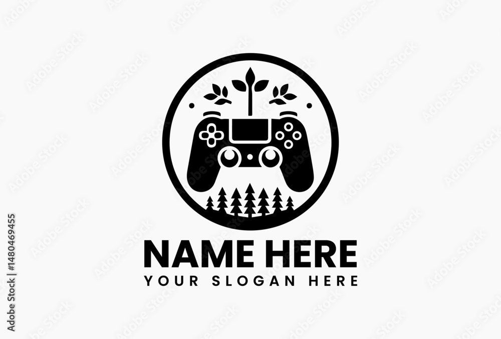 Fototapeta premium Minimalist black game controller silhouette on plain white background. Digital gaming concept 