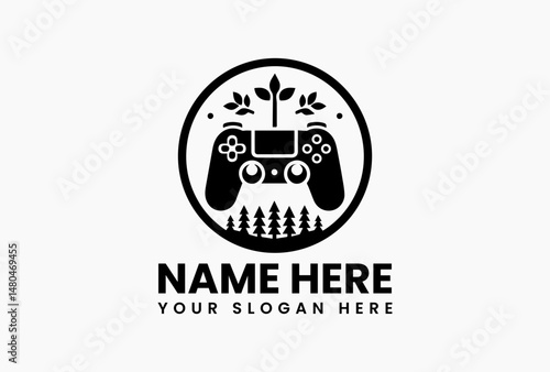 Minimalist black game controller silhouette on plain white background. Digital gaming concept  