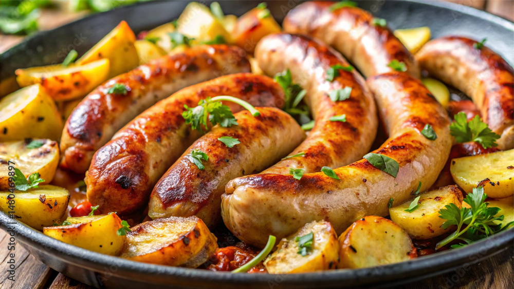 Close-up of baked sausage with golden potatoes, rustic food recipe background, hearty and savory. Close-up of baked sausage with golden potatoes, rustic food recipe background, hearty and savory.