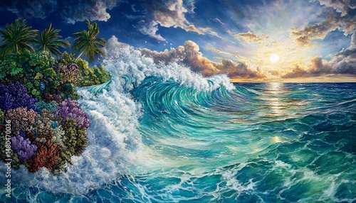 Dramatic ocean waves crashing over a tropical island paradise.