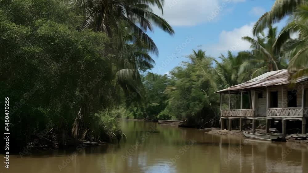 Overgrown wooden house on stilts sits by the river surrounded by lush tropical foliage under a blue sky Overgrown wooden house on stilts sits by the river surrounded by lush tropical foliage under a blue sky
