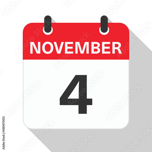 November 4 Daily Calendar. Red Theme on White Background