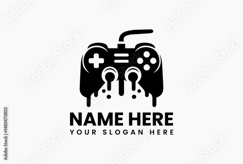 Minimalist black game controller silhouette on plain white background. Digital gaming concept  