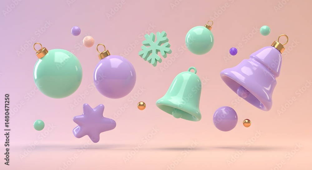 3D render of abstract Christmas shapes floating on pastel background 3D render of abstract Christmas shapes floating on pastel background