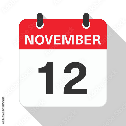 November 12 Daily Calendar. Red Theme on White Background